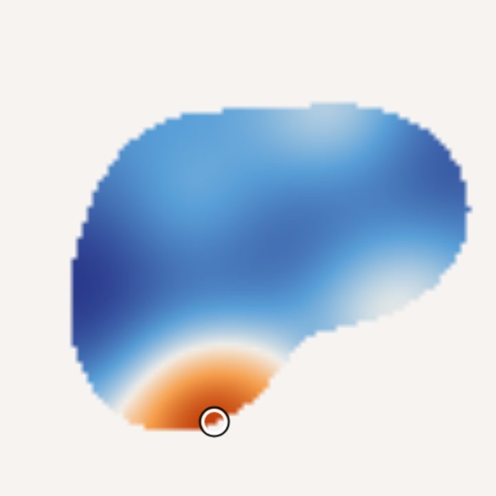 A heat map of an irregular metal plate, with the hottest point marked on its edge